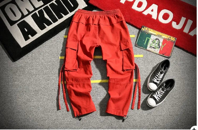Ribbon Cargo Pants with elasticated waistband and pockets in Black, Gray, and Red colour options