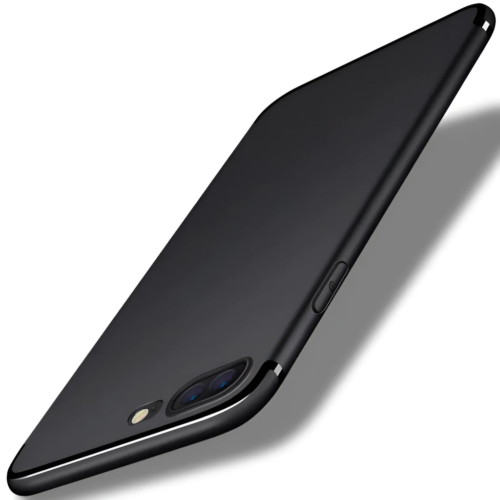 Black TPU silicone protective case fitted on an iPhone, showing precise cutouts for camera and ports.