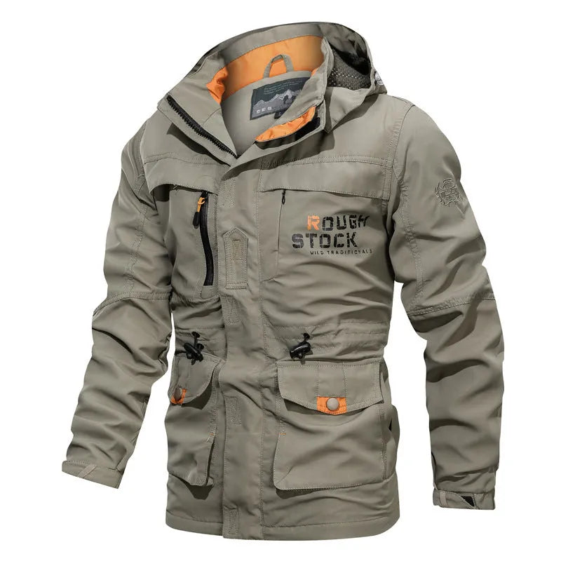 Men's casual outdoor hooded plus size jacket in letter print, stand-up collar, zipper front, thin polyester fabric