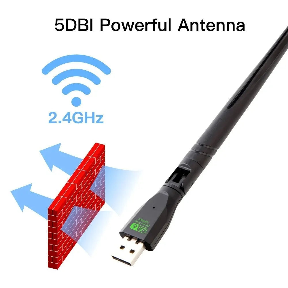 Black USB WiFi 6 wireless network card with integrated driver for desktop and laptop computers.