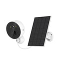 Outdoor solar-powered security camera with attached solar panel on a wall mount