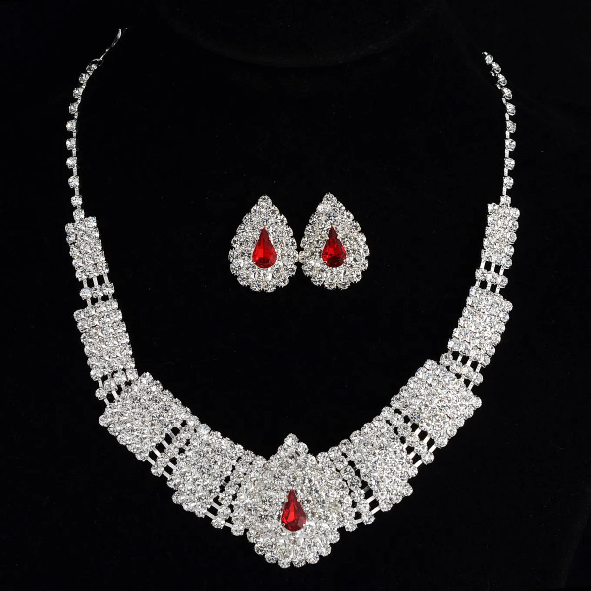 Exaggerated full drill bridal suite necklace and matching earrings set in black, red, or white for wedding jewellery