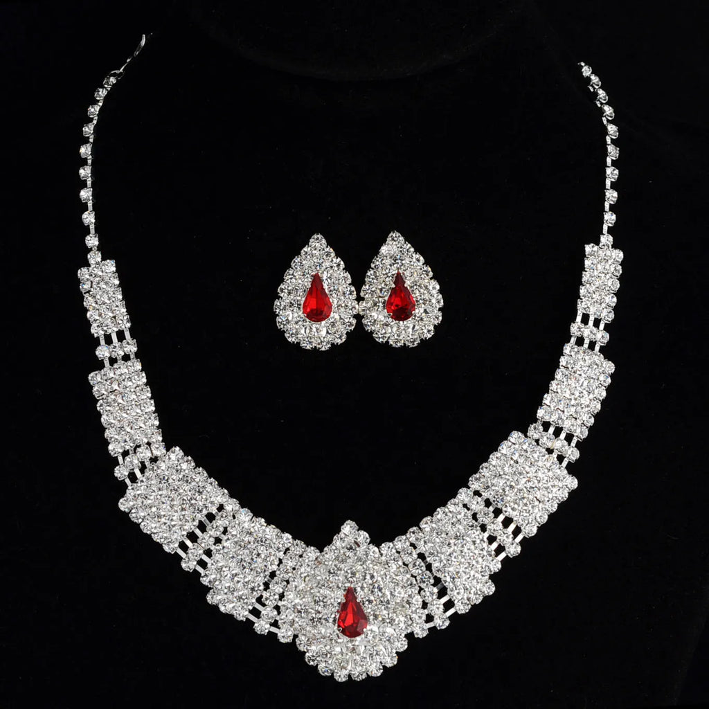 Exaggerated full drill bridal suite necklace and matching earrings set in black, red, or white for wedding jewellery