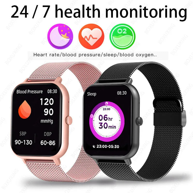ZL54C smart watch showing AMOLED display with health metrics, available in black, silver, pink, and Milan steel strap variations