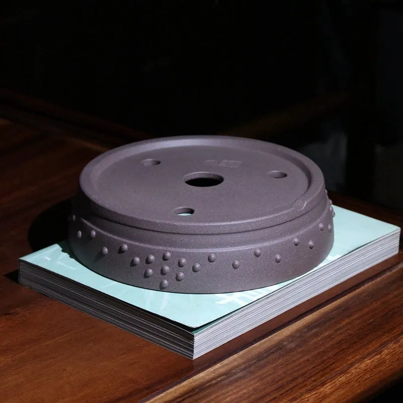 Handmade Yixing fine zisha drum nail round mouth flowerpot in raw ore green plaster non-porous finish