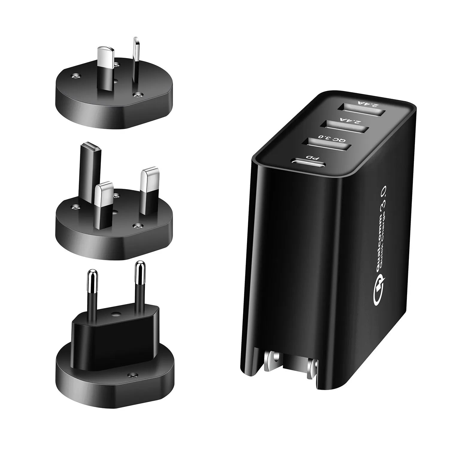 Black 48W desktop charger with four USB-C ports and a white UK plug on a wooden table.