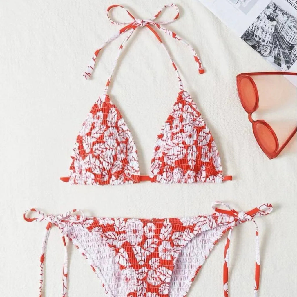 Women's floral print halterneck swimsuit briefs in five colours with polyester fabric