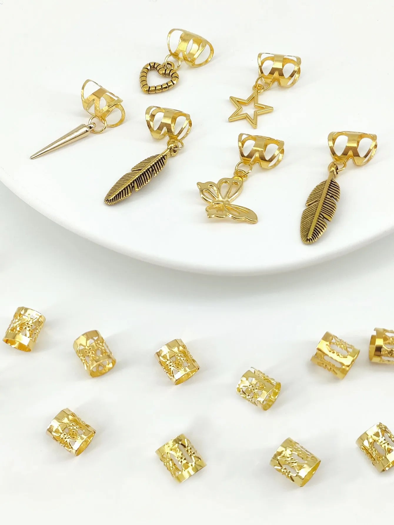 Pack of 26 antique style dirty braid hair rings with leaves design in gold or silver colour