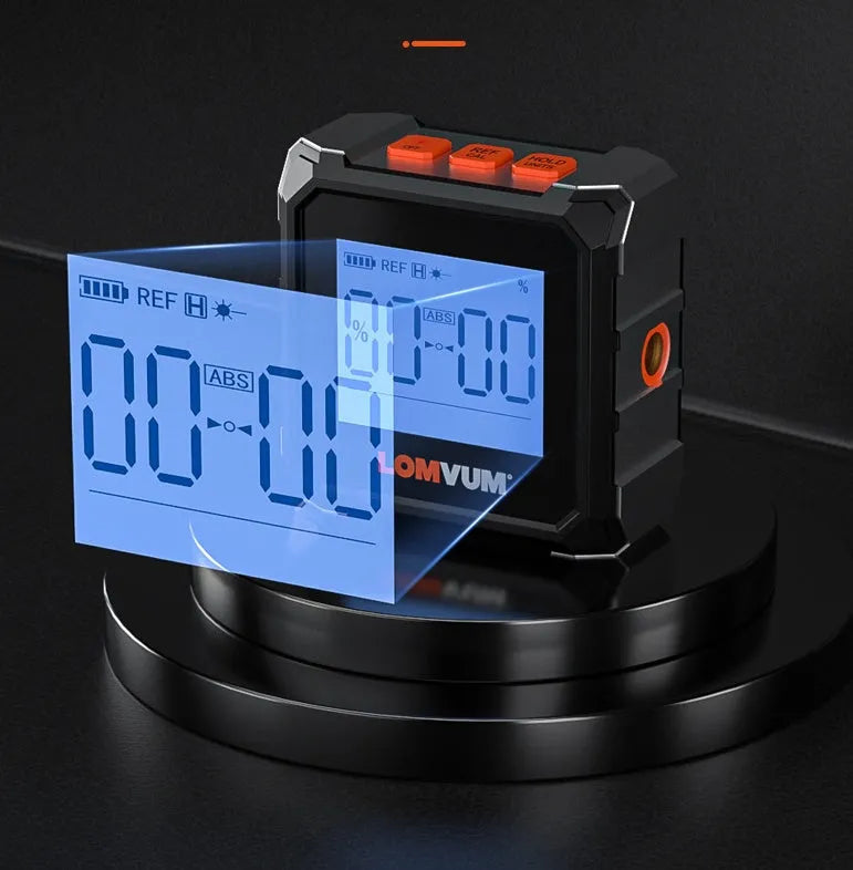 Longyun digital laser infrared tape measure with alloy casing and backlit display on a wooden workbench.
