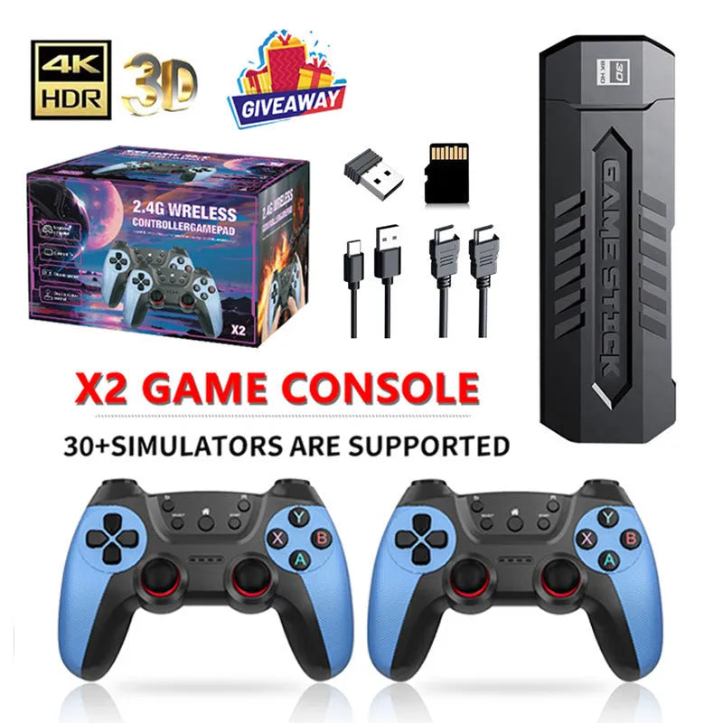 X2 Blue game console with two wireless controllers and HDMI cable on a table