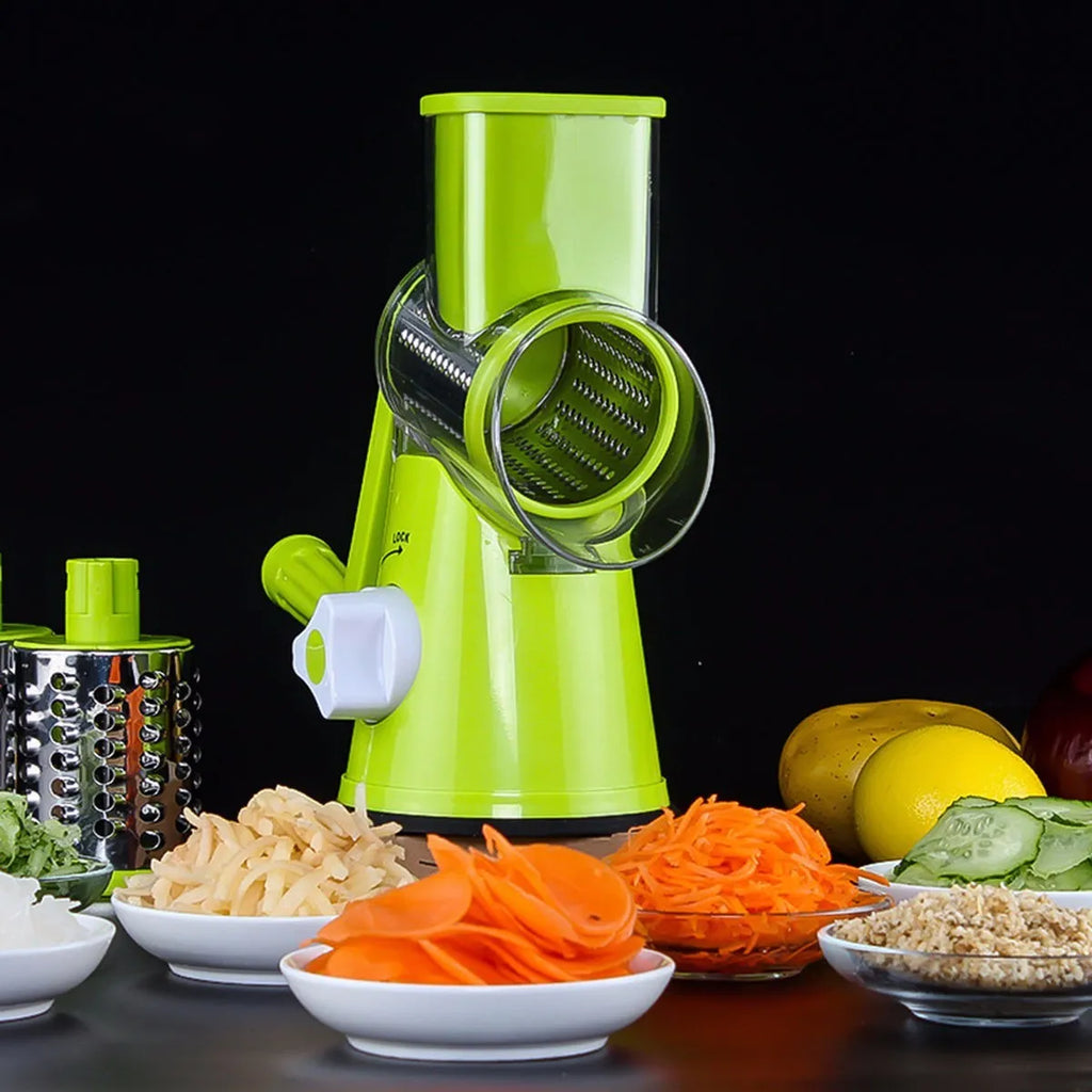 Round vegetable cutter with 3 stainless steel drum blades, compact detachable mandoline slicer with bottom sucker