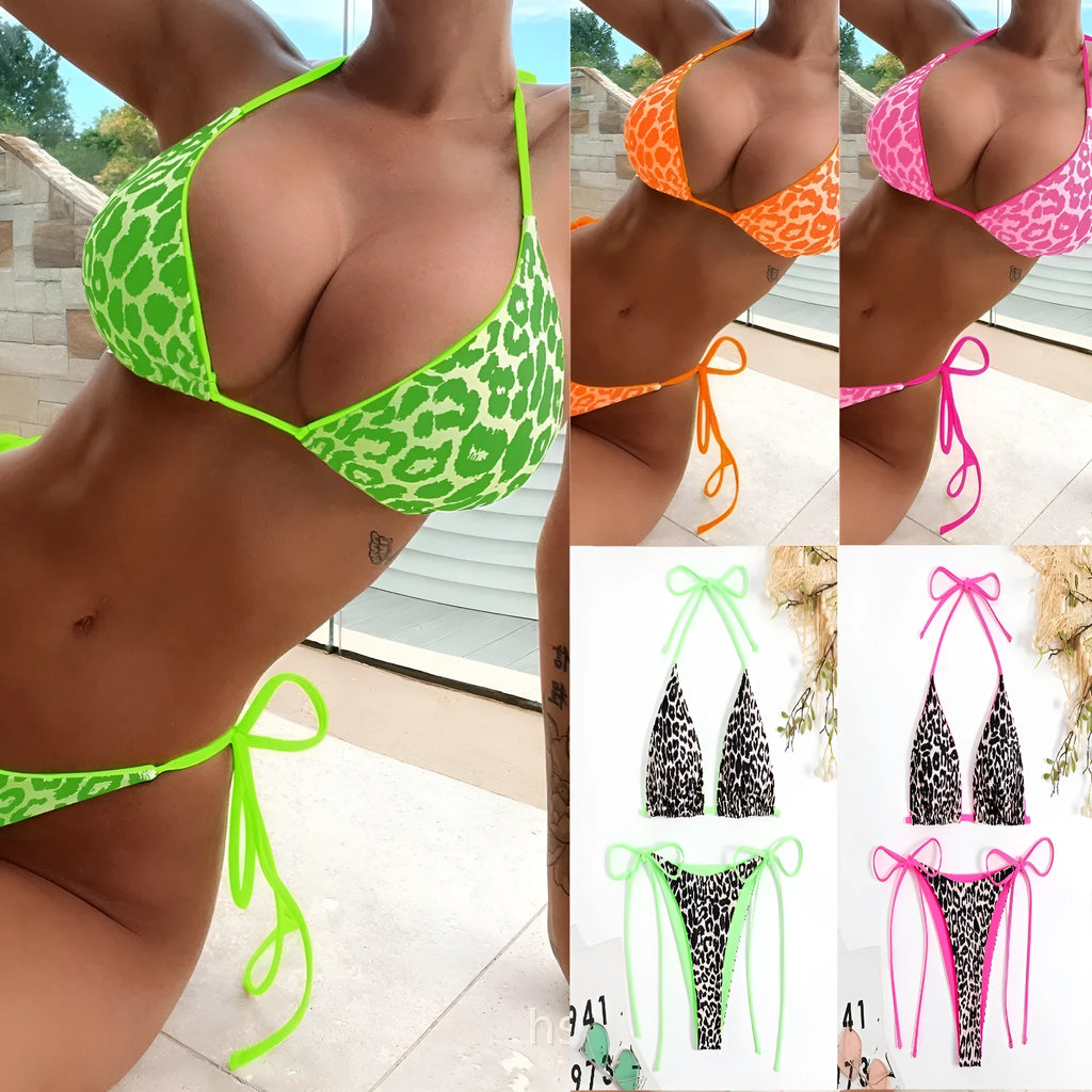 Women's lace-up triangle bikini set with adjustable front and high-waisted split bottom in polyester fabric