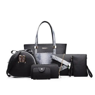 Women's shoulder bag set with handbag, wallet, card case in black, grey, white, rose red; square vertical shape with car stitching and zipper closure
