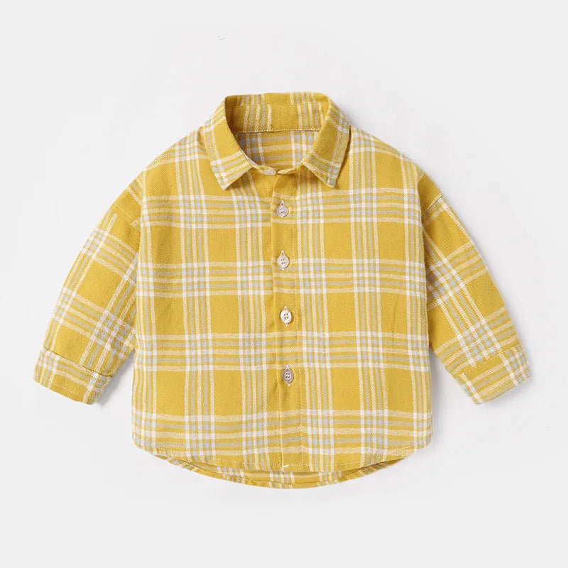 Boys' cotton lattice shirt with animal patterns in khaki, available in Asian sizing for heights 73cm to 110cm