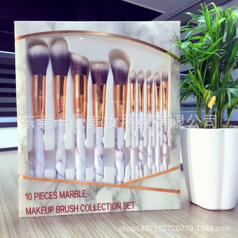 10-piece marble pattern makeup brush set with bag including large and small synthetic bristle brushes