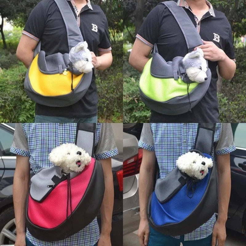 Blue pet carrier backpack with mesh ventilation windows on a person's back, showing the interior space.