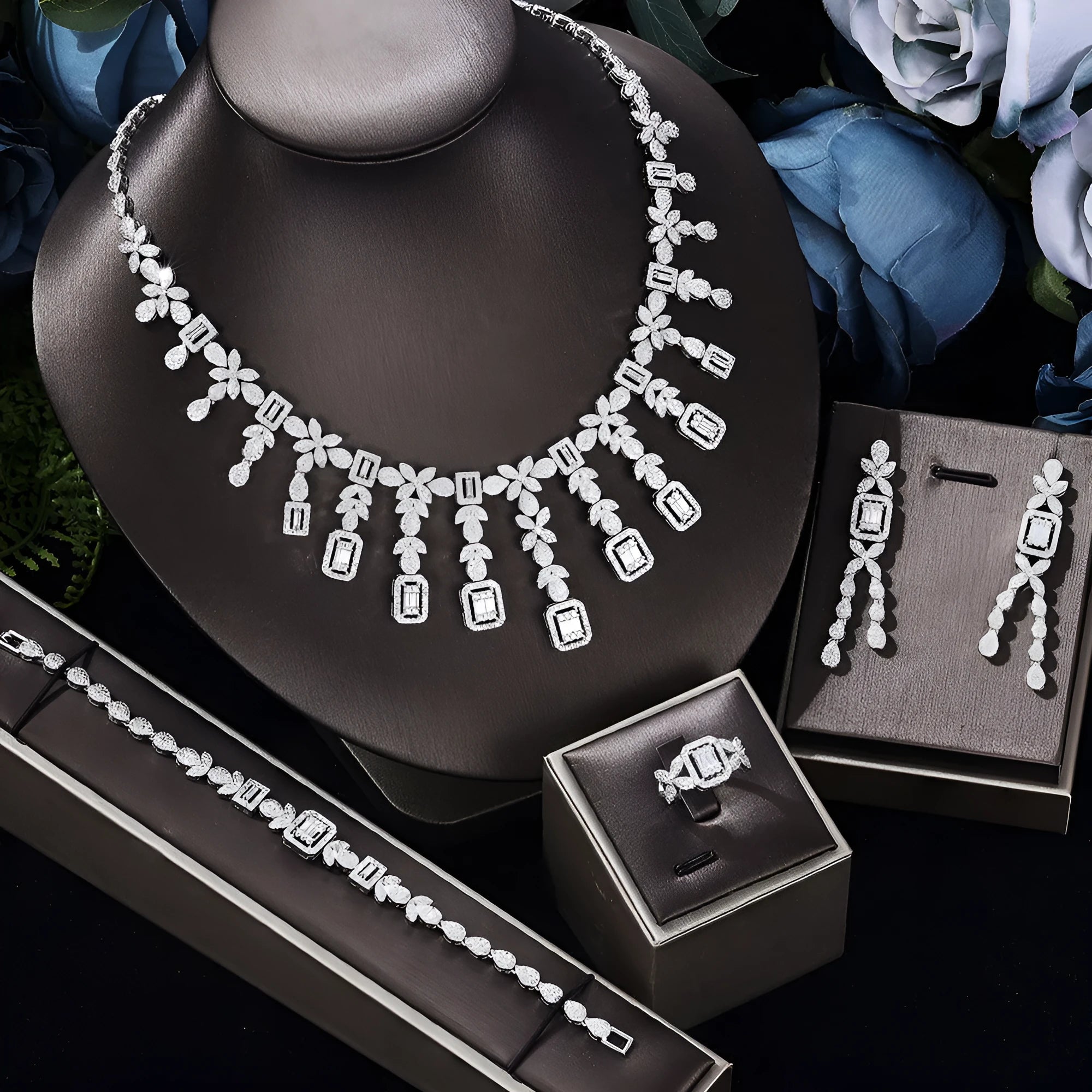 White zircon copper jewellery set with necklace, earrings, bracelet, and ring for women