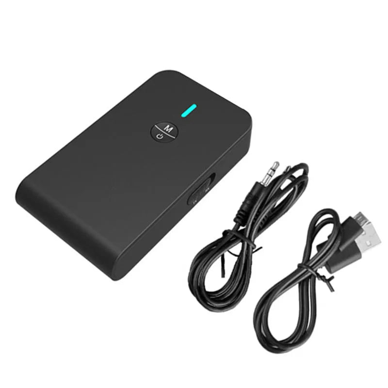 Black Bluetooth adapter with 3.5mm AUX plug for wireless audio transmission