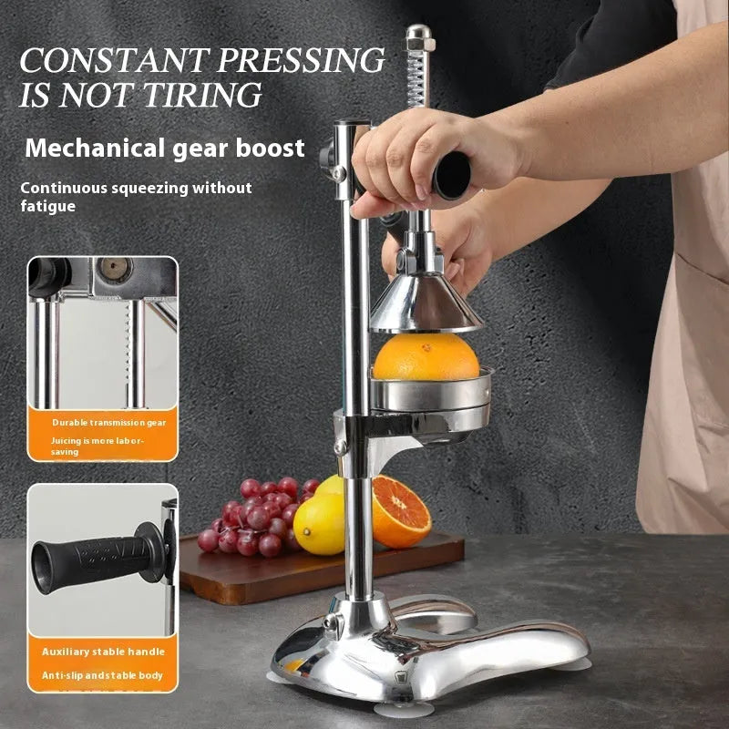 Vertical stainless steel manual citrus juicer with choice of pointed, flat, or double head in various colours.