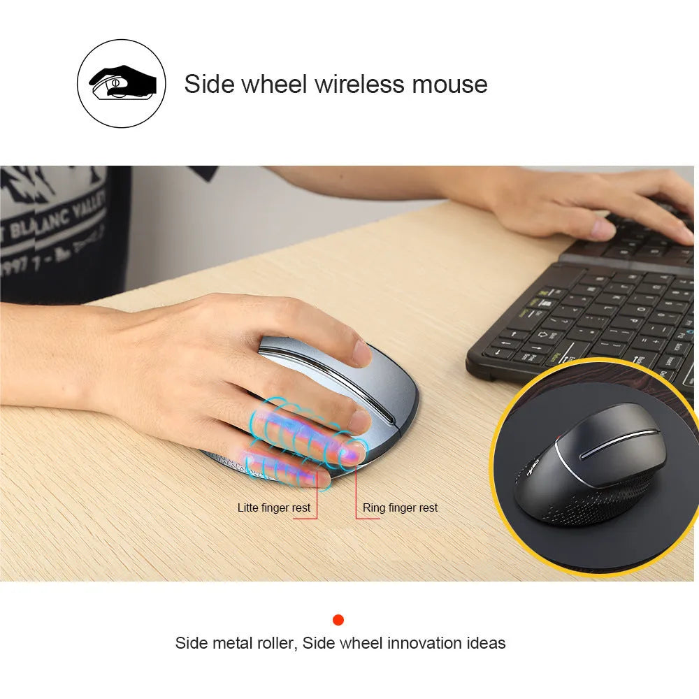 T32 vertical ergonomic wireless mouse in black matte finish showing side grip and aluminium roller.