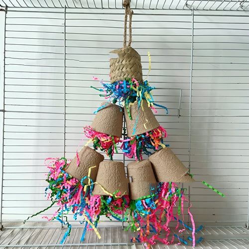 Wood colour palm weaving parrot chewing toy with paper cup hanging 38cm
