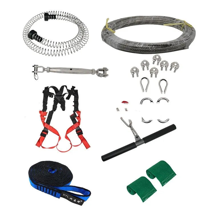 Ziptreck children's pulley slide rope system with handle control, alloy steel components, and 10-metre suit length