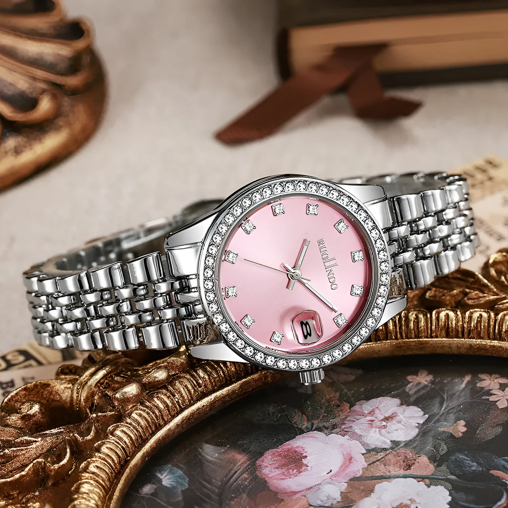 Women's silver quartz calendar watch with 32mm dial and stainless steel buckle