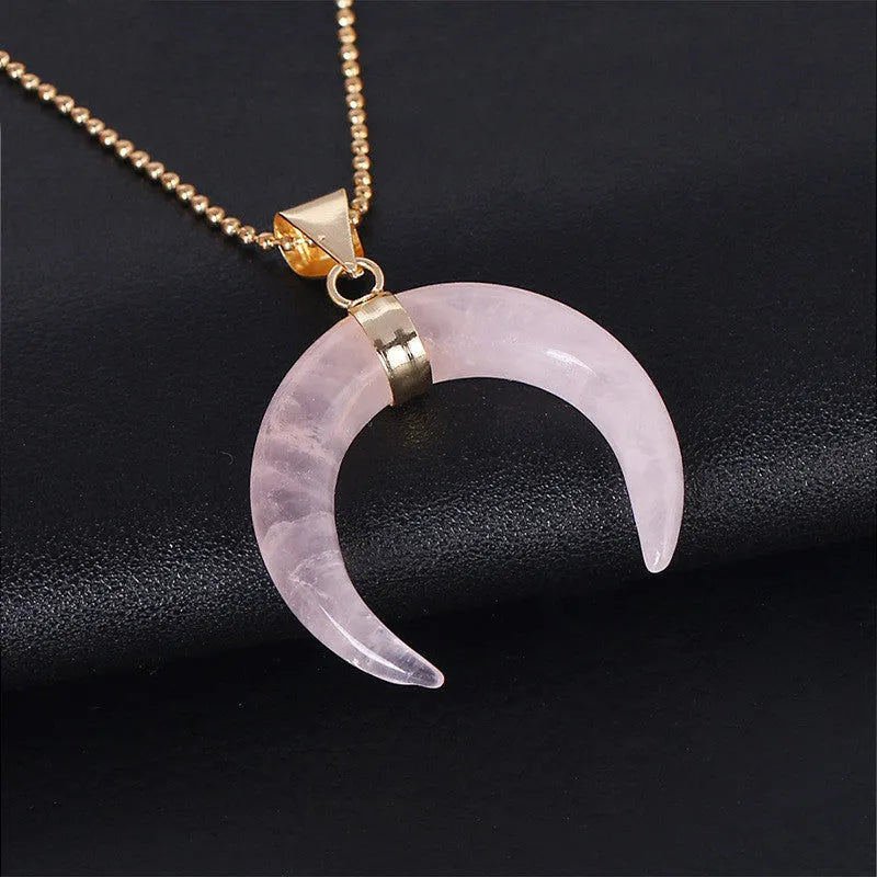 Natural stone moon pendant necklace with copper fittings on adjustable chain, pink and purple colour options