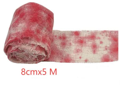 Halloween bloody dyed gauze bandage roll with 8cm width on wooden background