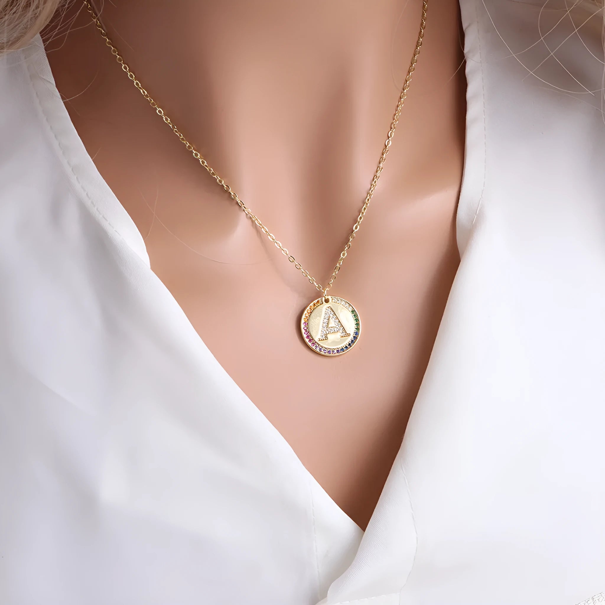 Gold English letter round pendant necklace with colourful crystals on clavicle length chain