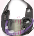 Blue pet carrier backpack with mesh ventilation windows on a person's back, showing the interior space.