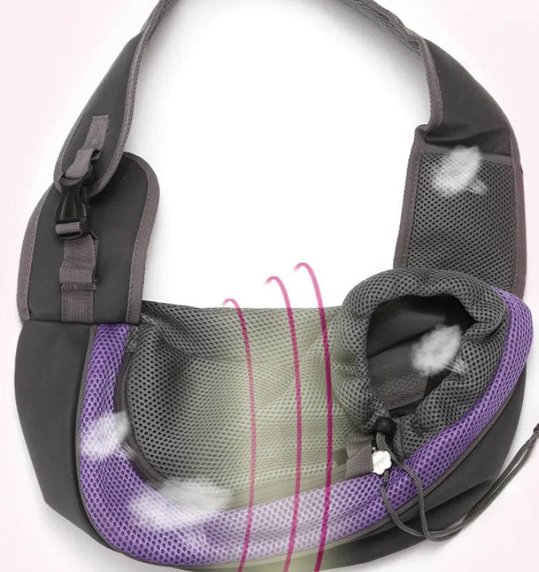 Blue pet carrier backpack with mesh ventilation windows on a person's back, showing the interior space.