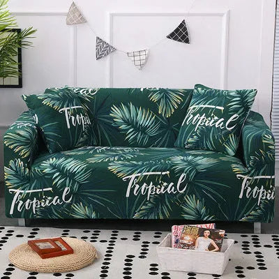 Printed geometric stretch sofa slipcover on double seat sofa in modern simplicity style