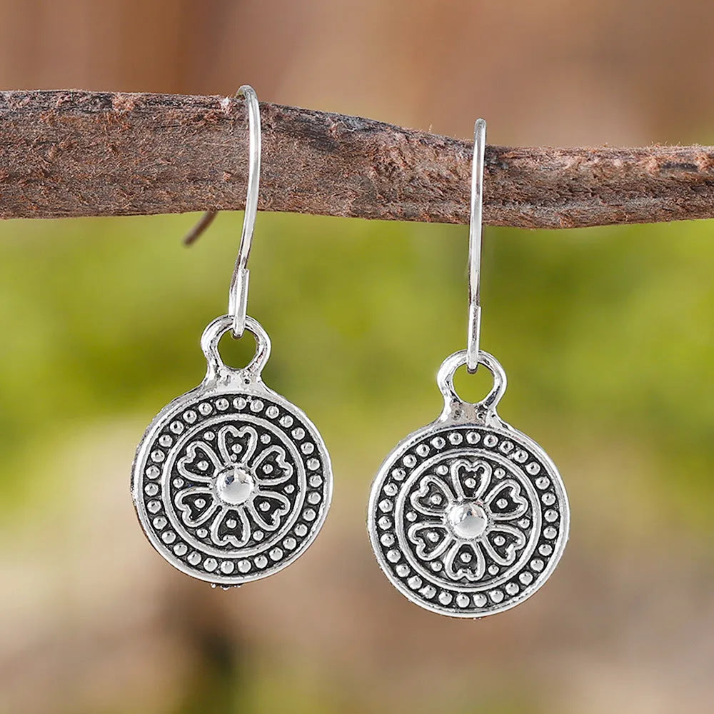 Retro geometric earrings with distressed ethnic prints in bohemian style