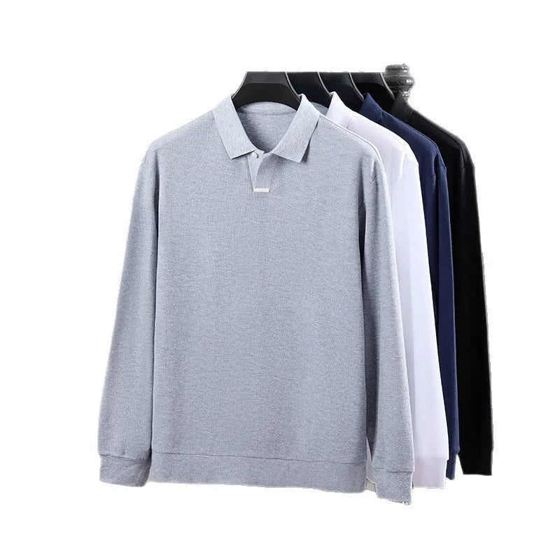 Men's loose fit pure cotton polo shirt in grey with long sleeves and a collar.