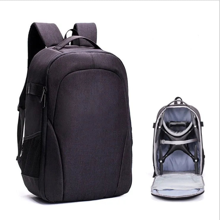 Black Oxford cloth UAV backpack with multiple compartments for drone and camera equipment