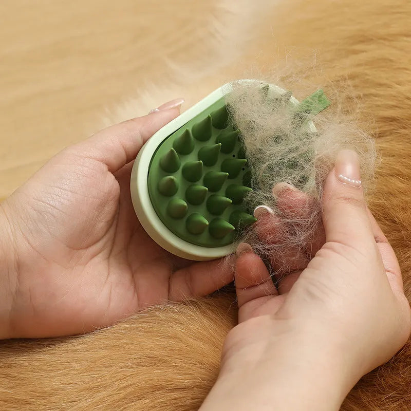Handheld soft silicone pet hair remover and massage brush for dogs in assorted colours.