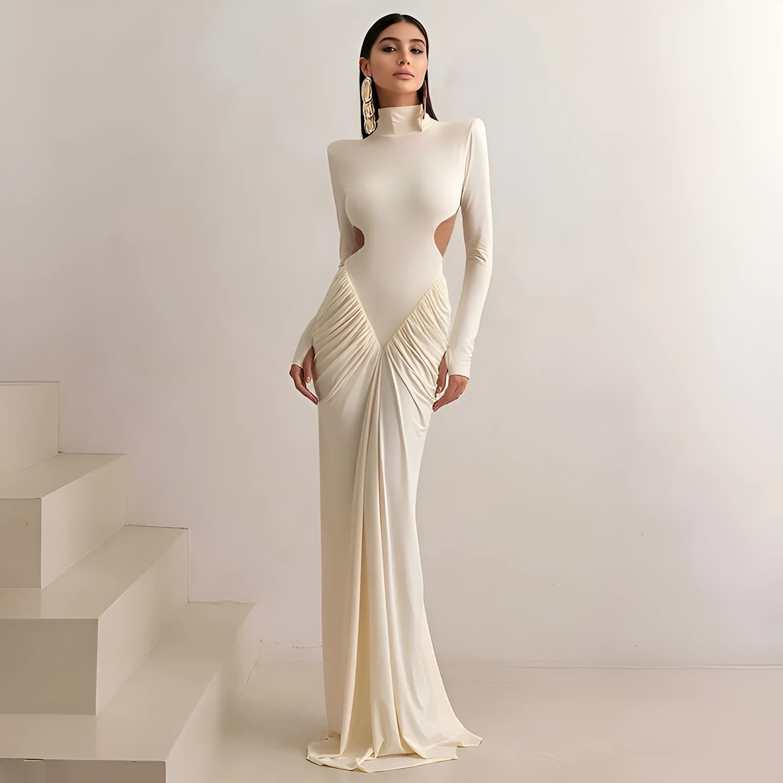 Long sleeve high collar slim fit backless pleated dress in solid colour on a model