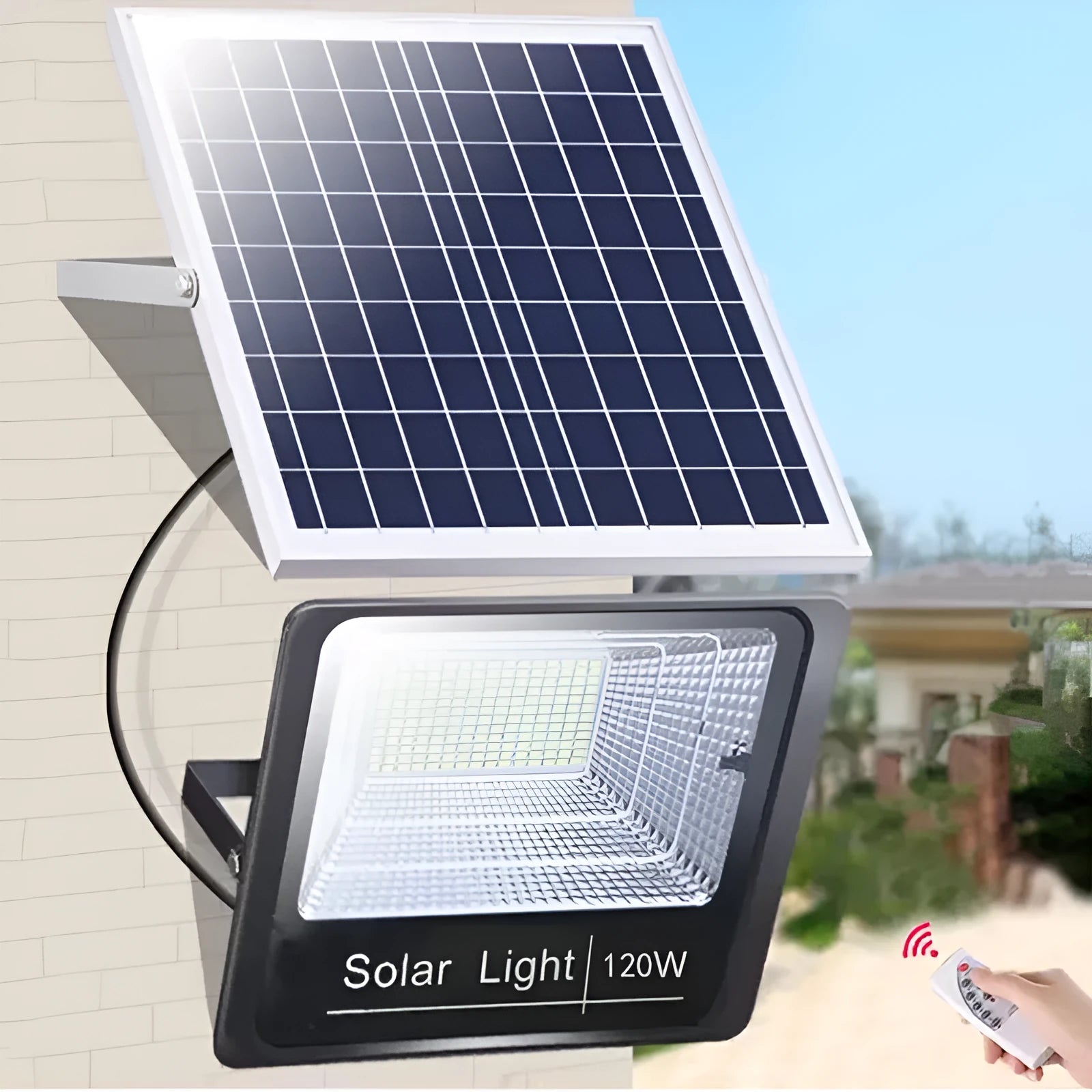 Black Cornucopia solar-powered LED flood light with remote control, mounted on an outdoor wall.