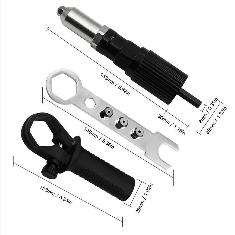 Alloy steel electric drill rivet adapter kit with four sized heads and wrench