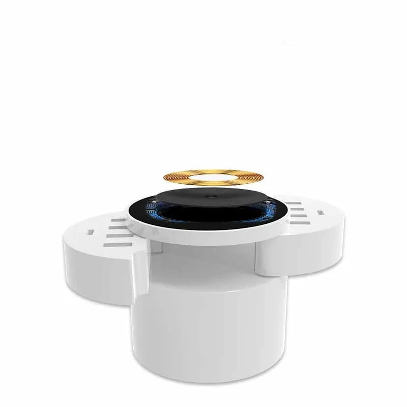 Ceramic white circular wireless charger with USB port and international plug adapters