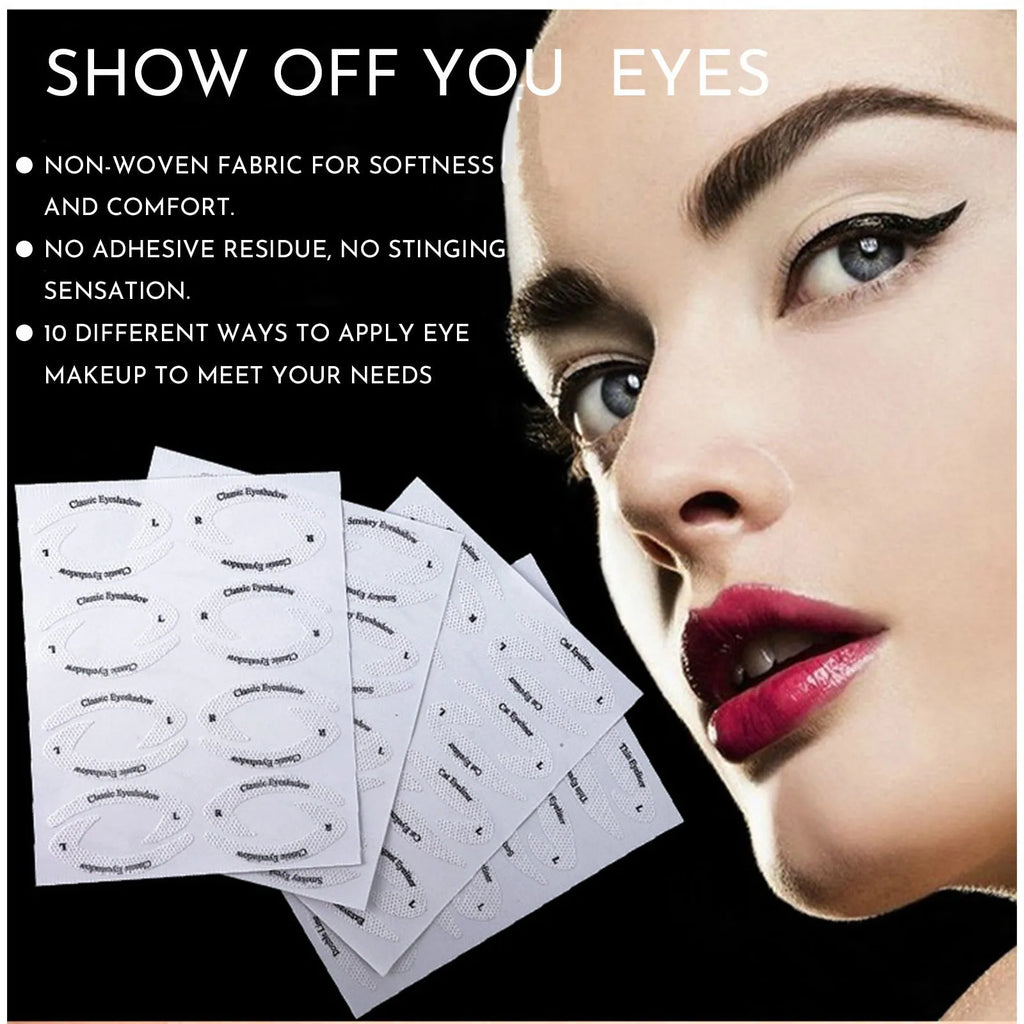 Set of four flexible, reusable eyeliner and eyeshadow stencil templates on a pink background.