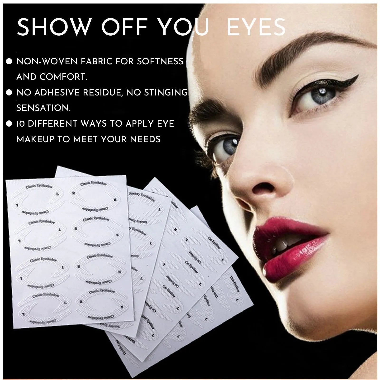 Set of four flexible, reusable eyeliner and eyeshadow stencil templates on a pink background.