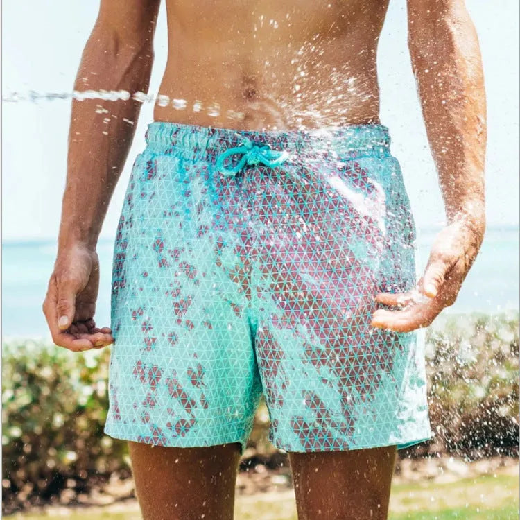 Magical colour-changing beach shorts for men in blue, with drawstring waist and quick-dry polyester fabric