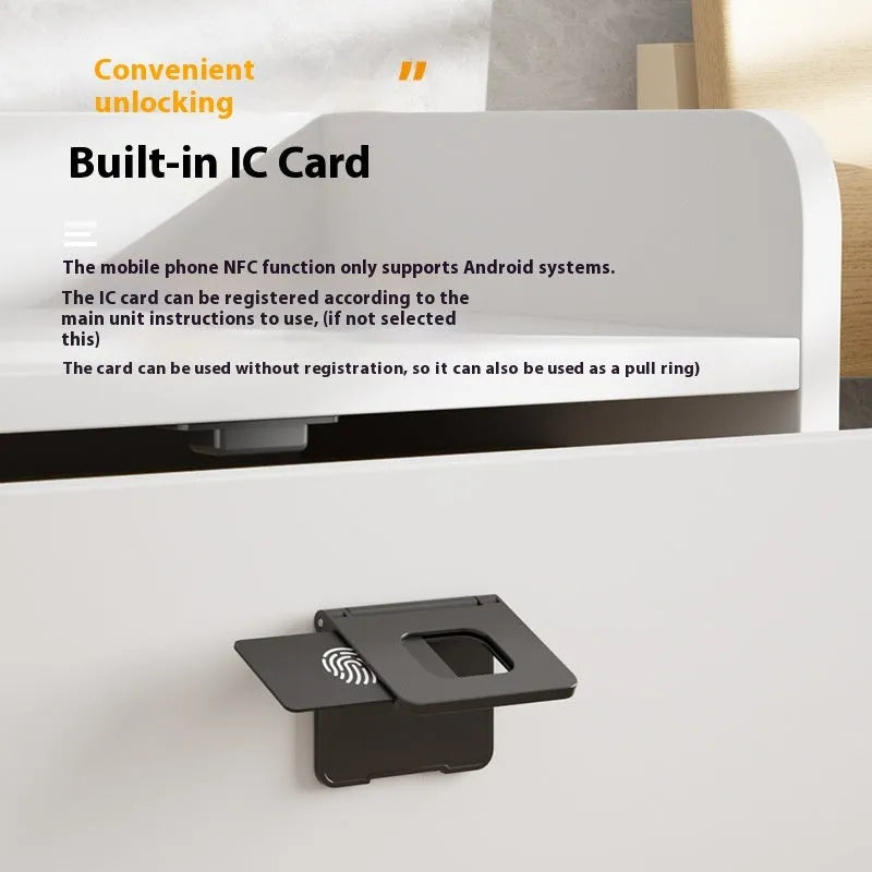 F079 punch-free invisible drawer lock with removable card key for no-drill installation.