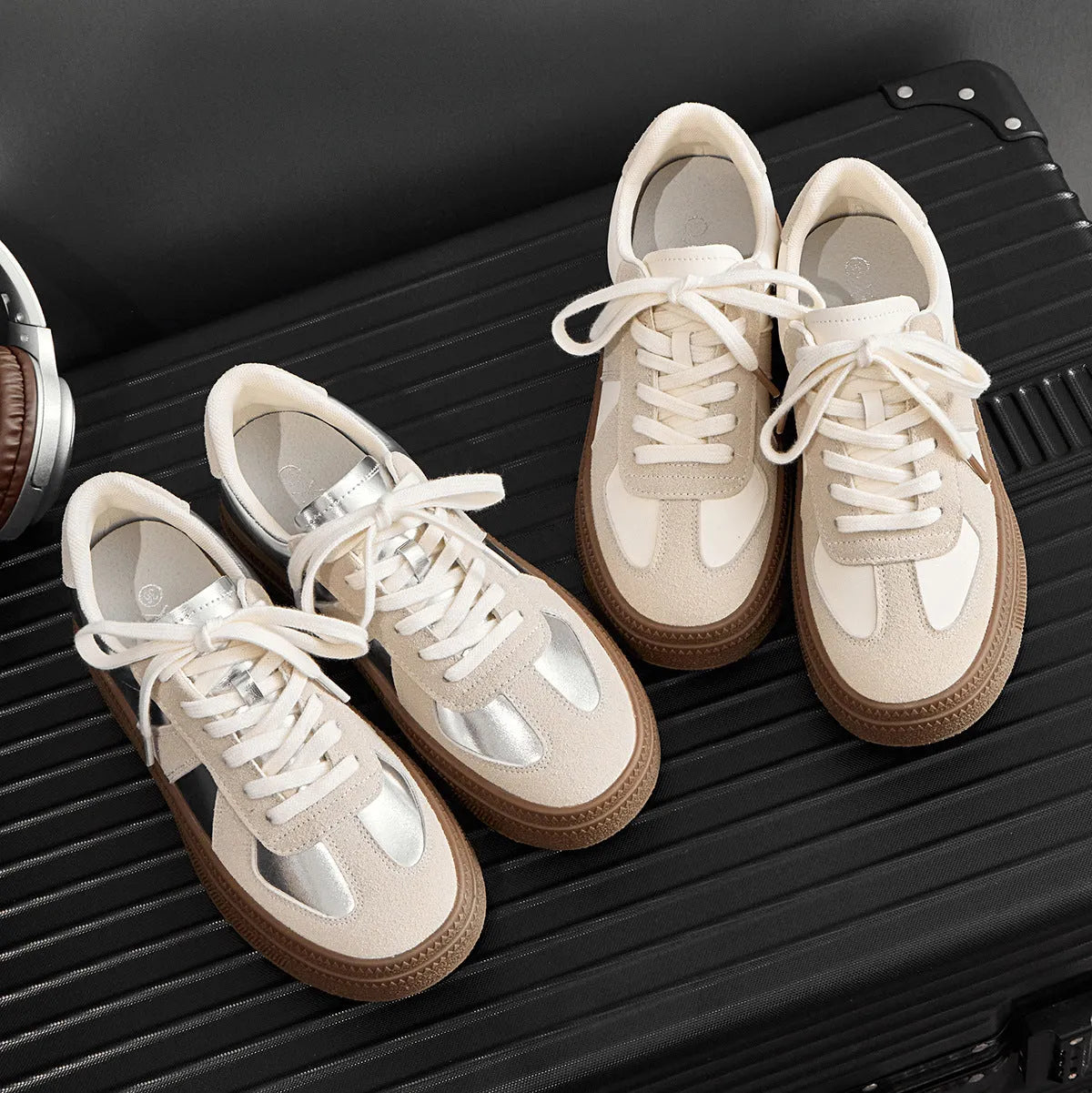 Retro round toe sports board shoes with cross shoulder strap detail in milky white colour