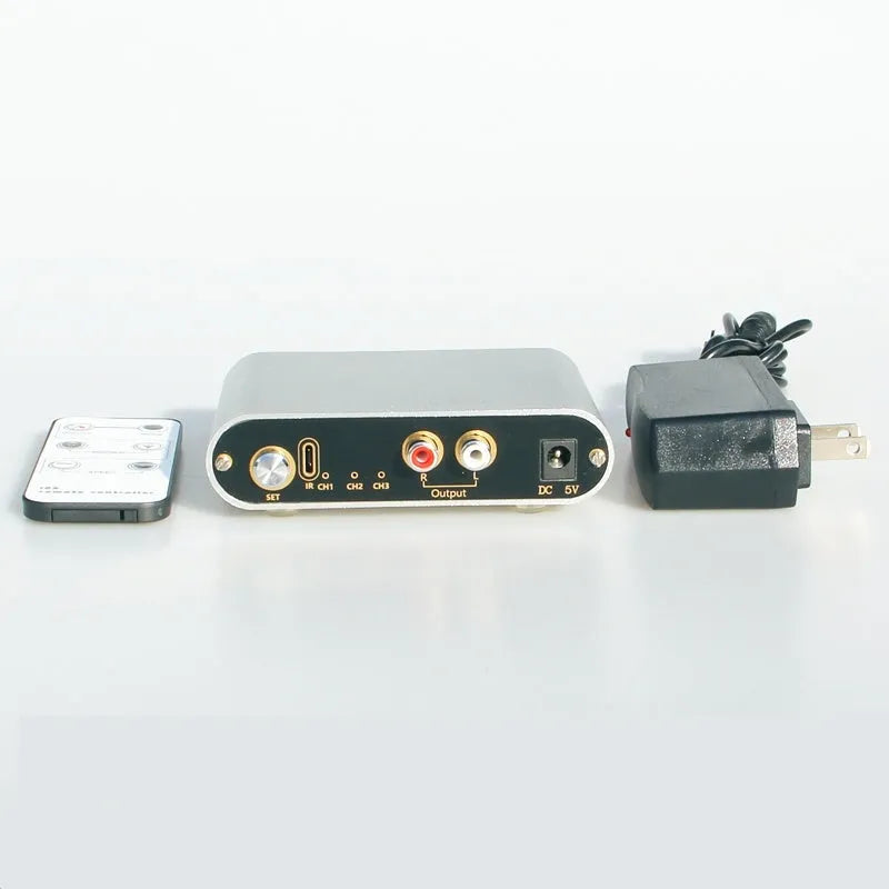 Silver HIFI audio source switch unit with front button and remote control for 3 in 1 out routing