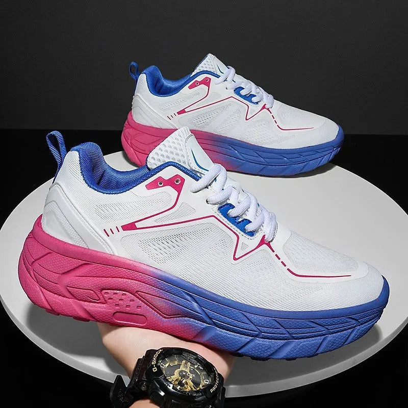 Cushioned rebound long-distance running shoes with breathable mesh upper, rubber and EVA sole, front lacing, in white, black, red, or yellow.