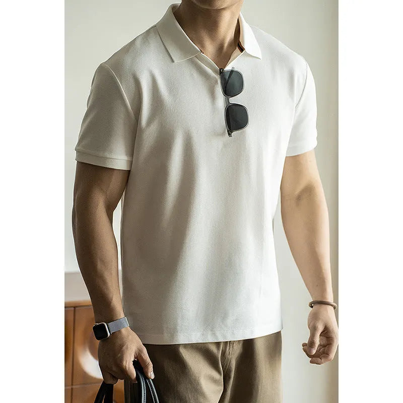 Cotton polyester American-style polo shirt in blue colour with short sleeves and regular fit