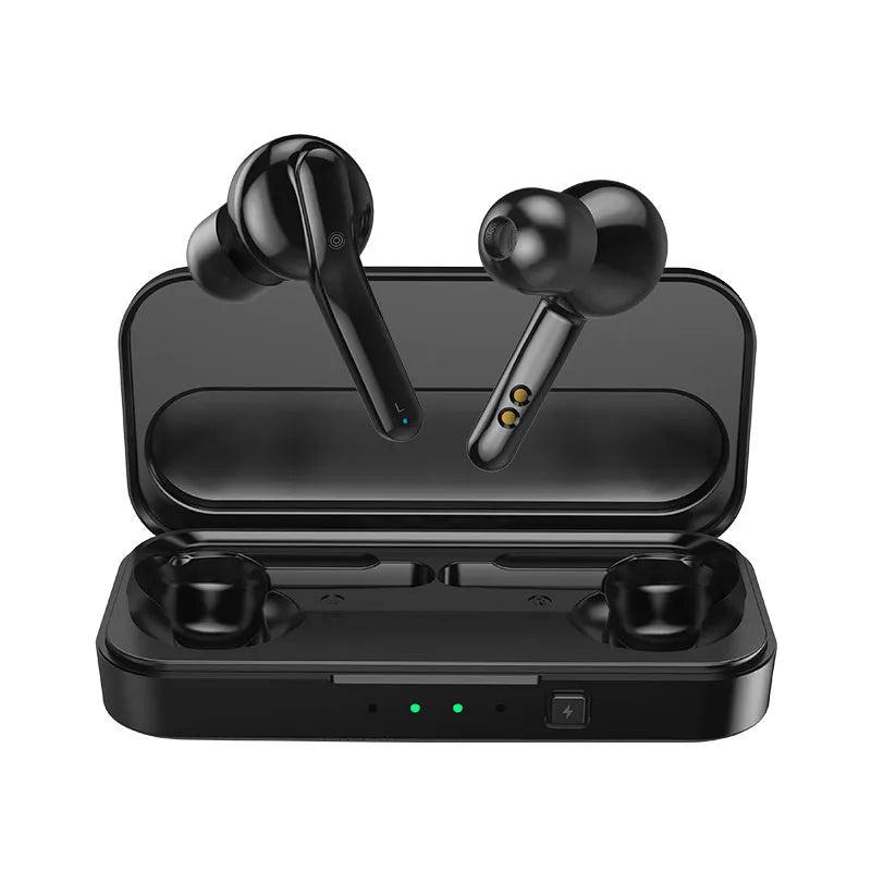 Black and white true wireless earbuds with Bluetooth 5.0 and IPX5 splash resistance.